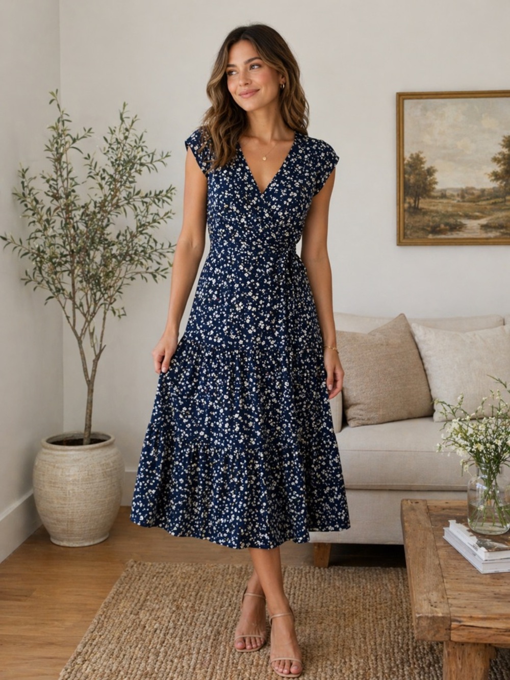 Women's Navy Floral Wrap Midi Dress